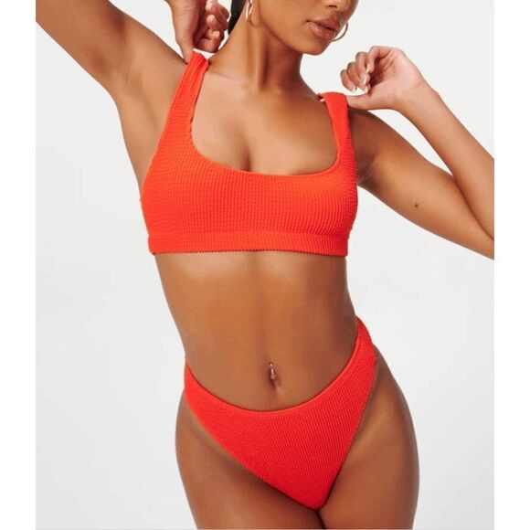 Good American Women’s Textured Always Fits Scoop Bikini Top Hot Coral - Picture 5 of 10